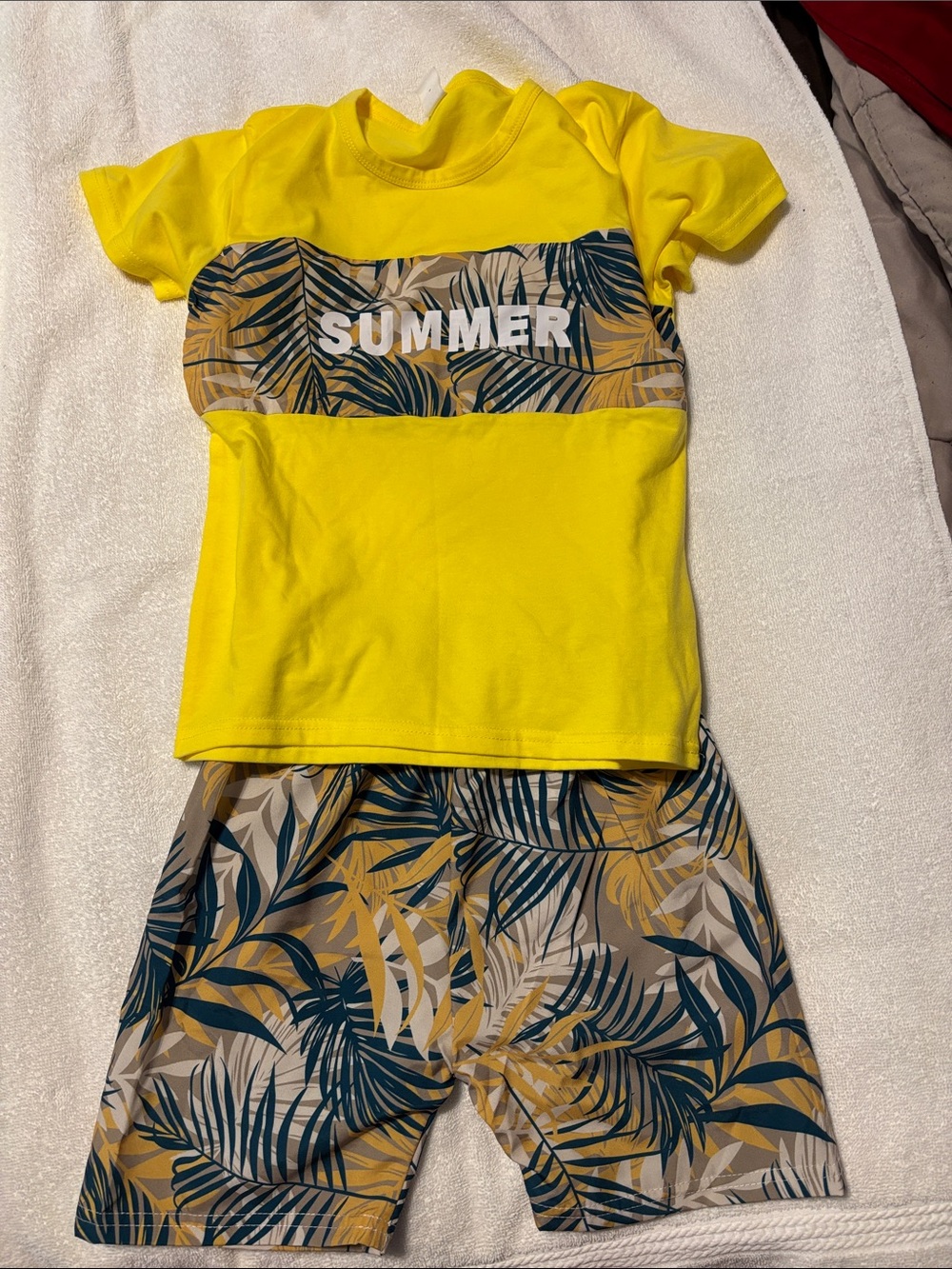 Brand new Yellow 'Summer' Kids short Set with Tropical Print